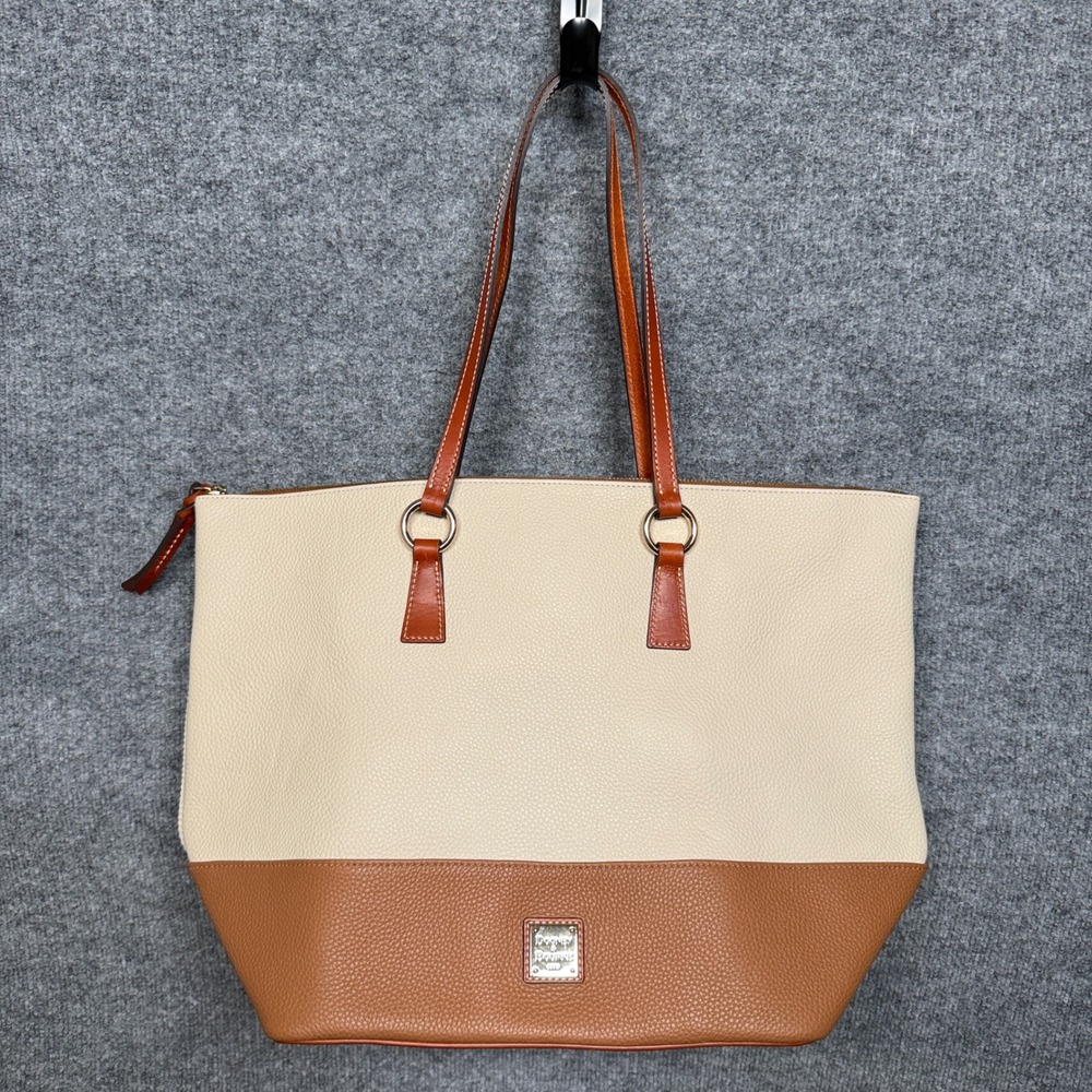 Dooney & Bourke Large Tote Bag Cream Brown Tobi Colorblock Pebble Leather Pocket